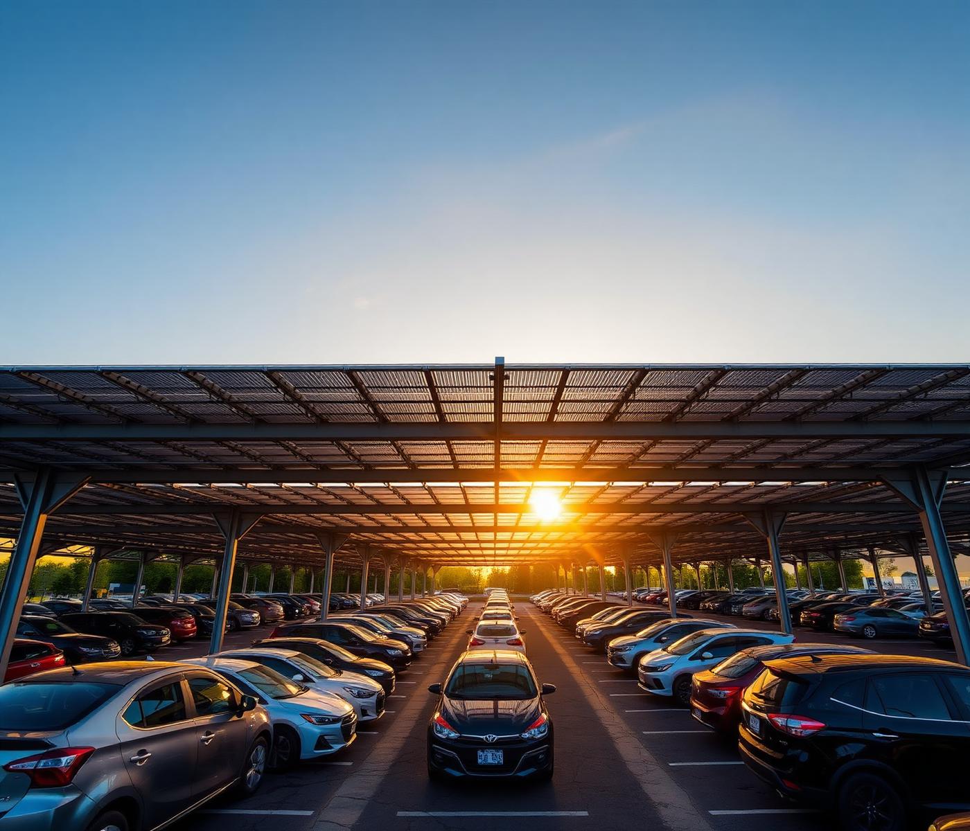 Ombrières photovoltaïques sur parking au coucher de soleil